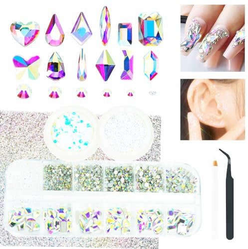 3 Boxes AB Nail Rhinestones with Fine Glitters Kit, 60Pcs Big Assorted AB Nail Gems with S6-S16 Flatback Round Stones,Crystals Nail Art Charms Supplies for Faces Body DIY Crafts