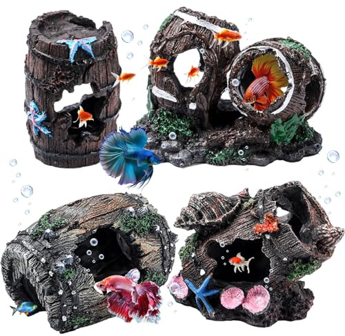 Wenqik 4 Pcs Fish Tank Decorations Broken Barrel Betta Hideout Cave Ornaments Aquarium Decorations Cave Large Fish Tank Ornaments for Small Shrimp Hide Pond(Classic)