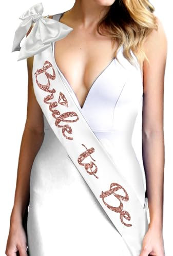 Brautschärpe in Rotgold, 2er-Set: rotgoldener glitzernder Diamant, Brautschmuck, hochwertige Satin-Schärpe und weiße Schleife, Brautparty-Dekorationen, Set 2 (Durchmesser SshBw) RsG/WHT