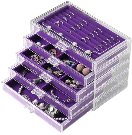 Frebeauty Extra große Acryl-Schmuckschatulle für Damen, 5 Ebenen, transparent, Schmuck-Organizer, Samt-Ohrring-Box mit 5 Schubladen, Ringen, Vitrine, Halskettenhalter für Frauen und Mädchen (lila)