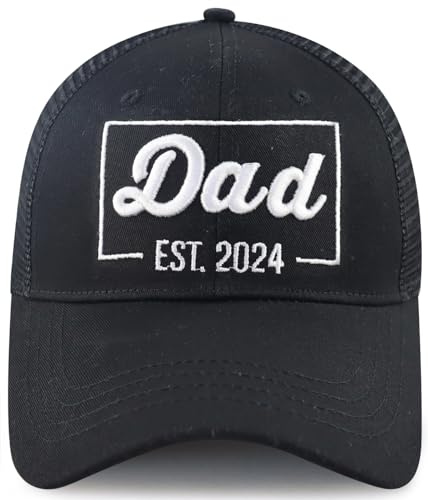 Funny Dad Est 2024 Baseball Cap für Herren, verstellbare Baumwolle 3D bestickt Daddy Trucker Hat, Dad 2024 Stickerei schwarz, Einheitsgröße