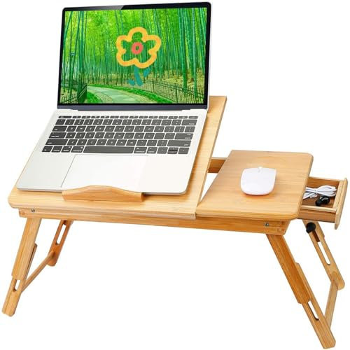 Lap Desks Plateau,Table de Lit, Petite Table pour Ordinateur Portable en Bambou, Tablette, Plateau pour Petit Déjeuner, Petit Tiroir, Réglable Portable pour Ordinateur-66*30*35 cm-couleur bois