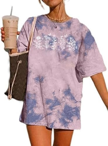 Remidoo Damen-T-Shirt, lässig, Rundhalsausschnitt, kurzärmelig, Sonne und Mond, Batikfärbung, übergroße Grafik, Rosa und Blaues Gras, Klein