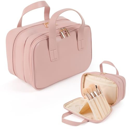HERYEBING Kosmetiktasche Große Kulturtasche Damen Reise Make-up Taschen Organizer, PU-Leder Kosmetikkoffer mit Makeup Pinsel Fach, Volle Größe Kulturbeutel wasserdichte Schminktasche für Damen (Rosa)