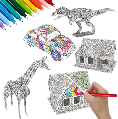 QYEHF 4 Stück Bemalen von Puzzle, 3D Puzzle Färbung Bastelset, DIY 3D Puzzles Kunsthandwerk mit 10 Buntstiften Geschenk für 5 6 7 8 9 10 kid, 3D- Puzzle Geburtstag Weihnachten