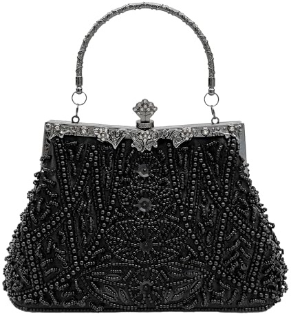 lapulio Abendtasche im Vintage-Stil mit Blumenmuster, Perlen, Pailletten, elegante Clutch für Damen, für Bräute, Bälle, Partys und formelle Anlässe