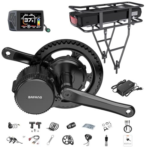 BAFANG 250W 48V BBS01B Kit Moteur Pedalier avec Batterie 48V17,5Ah Rear Rack et EKD01 Écran LCD, Kit de Conversion Moteur Central pour Vélo de Montagne, Route, Banlieue avec BB 68MM Ebike DIY Kit