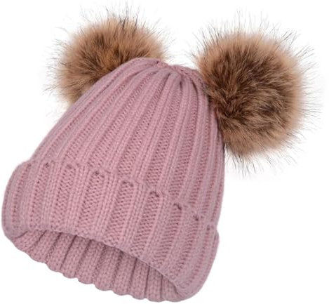SERENYOU Kinder Wintermütze Mütze Double Pom Pom Kleinkind Jungen Mädchen warm gestrickt Bommelmütze Rosa