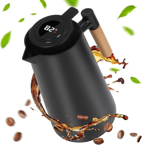 Dreamhigh® Bouteille isotherme de 1 l, avec affichage de la température, cafetière bien scellée (pas de fuite, pas de gouttes) – Noir élégant