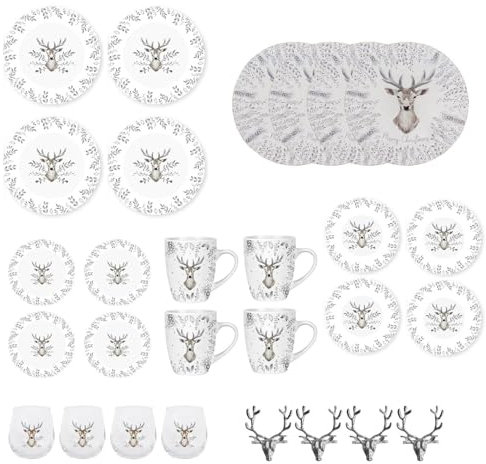 YöL Christmas Tableware Set For 4 Silver Stag Design Festive Table Decoration Dinner Plate, Side Plate, Bowls, Mugs, Drinking Glasses, Napkin Rings - 28pc