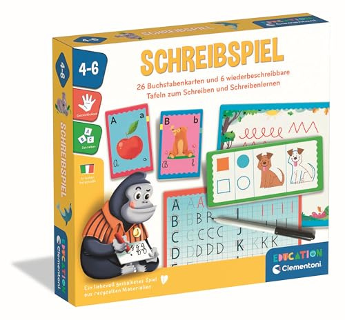 Clementoni Education Schreibspiel - Lernspiel für Kinder ab 4 Jahren | 26 Buchstabenkarten & 6 wiederbeschreibbare Tafeln zum Schreibenlernen