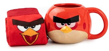 Angry Birds Becher und Socken-Set | Erwachsene Unisex Angry Birds Red J. Bird Charakter Grafikdruck Wadensocken und Keramik-Heißgetränkbecher in Rot | Rote Vogelsocken für Männer und Frauen