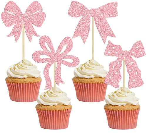 Ephlyn 24Pcs Bow Cupcake Toppers Pink Girls Birthday Party Decorations Bowknot Cupcake Toppers Bow Tie Birthday Cupcake Decorations Dessert Cake Toppers for Wedding Bachelorette Party Pink