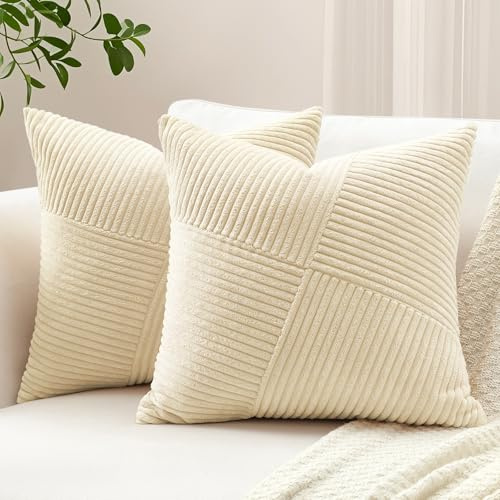 Sungeek 2er Set Cord Kissenbezüge, Windmühle Streifen Muster Kordsamt Kissenbezug Dekokissen Sofakissen Patchwork Design Deko Zierkissenbezüge Kissenhülle für Wohnzimmer (60x60cm, Beige)