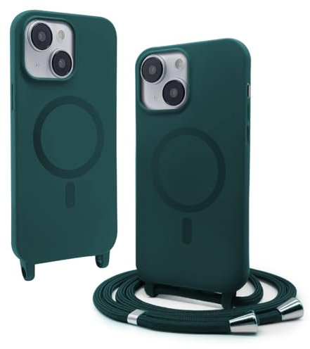 VAVAVOOMY Handykette Hülle für iPhone 13(6.1) mit Band Halsband Lanyard (abnehmbar) Handyhülle, Verstellbarer Lanyard.Magnetisch Stoßfest Silikonhülle Wireless Charging kompatibel .-Grün