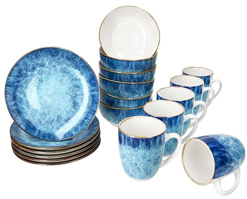 MamboCat Marina Service de petit-déjeuner 18 pièces I 6 petites assiettes à petit-déjeuner bleues, bol à céréales et tasses à café pour 6 personnes avec design maritime pour le petit déjeuner et le