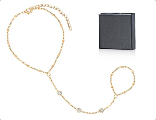 AOYEGIC Handkette mit Fingerring,Legierung Handkette Armband mit Zirkon Deko für Frauen und Mädchen,Elegante Trendy Chain Schmuck für den Alltag und Feiertagspartys(Gold)