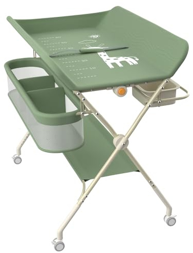 HUOLE Table à Langer avec roulettes, avec Panier de Rangement à Côté Structure en Fer Charge Max 25KG pour Nouveaux-Nés Design Ergonomique, Rangement,pour Nouveau-né,75 * 68 * 83-91cm (A) Vert