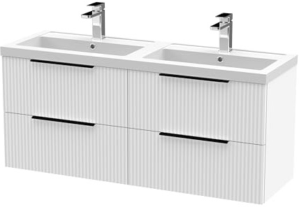 Balterley Vanity Unit with Basin Wall Hung, 4 Drawer Soft Close with 2 Rectangular Sink and Handles, Bathroom Vanity Units with Basin, Fluted Front Sink Cabinet - 1205 x 383 x 540mm (White)