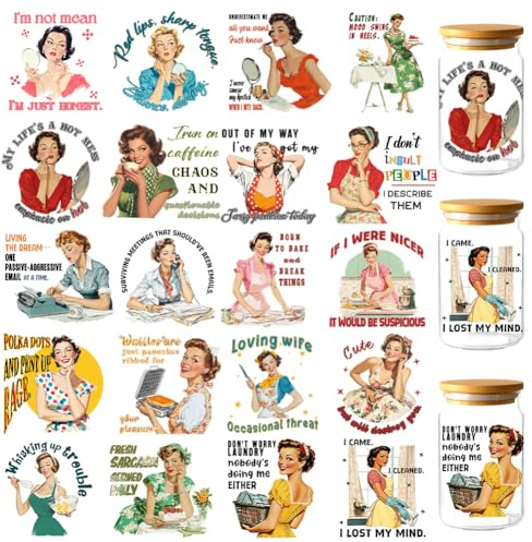 GOMAKERER 20 Styles Funny UV DTF Cup Wraps, 10 Sheets Vintage Humorous Women Cup Wraps Decals Sarcastic Waterproof Rub on Transfer Stickers for Glass Cups Furniture Decorations
