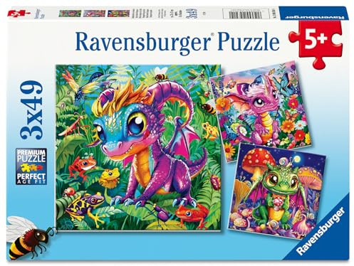 Ravensburger Baby Garden Dragons 3x49 Piece Jigsaw Puzzles – Colourful Fantasy Puzzle Set with Cute Baby Dragons for Kids Ages 5+