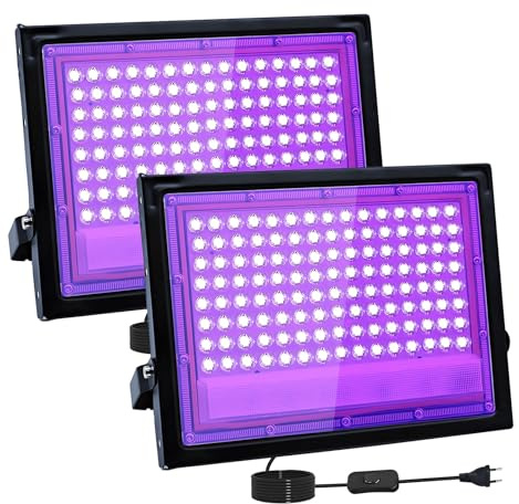 2 Stück 100W LED Schwarzlicht Strahler, 395-400nm LED UV Strahler, IP66 UV Schwarzlicht Fluter, UV Licht mit Schalter für Halloween Dekorationen, Party Deko, Weihnachten, Neon Glühparty, Körperbemalun