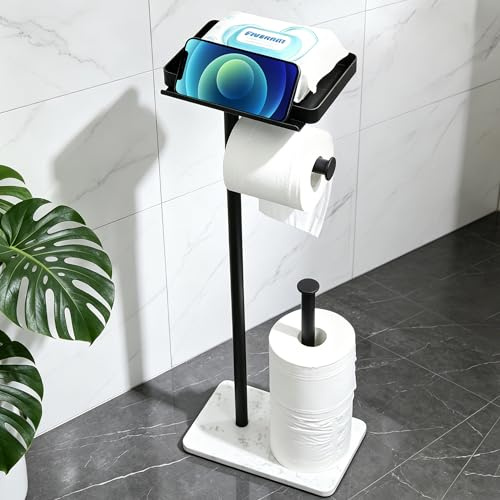 YIGII Toilet Paper Holder Stand with Shelf, Marble Design Base Toilet Paper Holder Free Standing, SUS 304 Stainless Steel Storages 4 Reserve Rolls, Silver