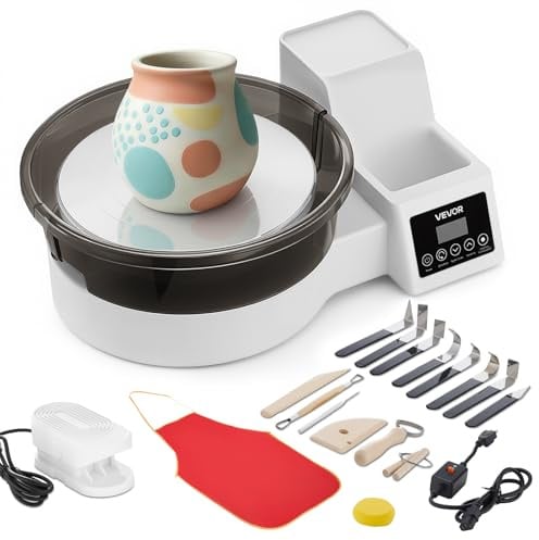 VEVOR Tornio Elettrico Bianco per Lavorazione Argilla 450 W con Pedale, Piatto Girevole in Alluminio da 28cm, velocità Regolabile da 30 a 300 Giri/min, Vasca Rimovibile, per Principianti Ceramisti