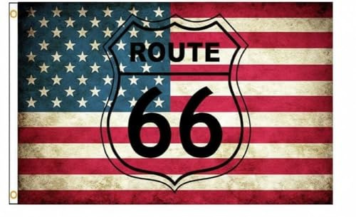 Bandiera Route 66 con Bandiera Americana, Design Vintage, 150x90 cm, Decorazione Moto Bikers con 2 occhielli metallici