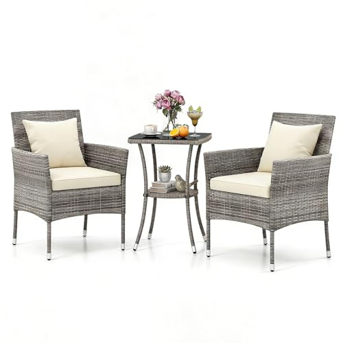 GIANTEX Juego de Muebles de Jardín 3 Piezas, 2 Sillones con Cojines y 1 Mesa con Tablero de Cristal, Conjunto de Muebles de Ratán para 2 Personas, Juego de Bistró para Balcón, Patio (Gris+Beige)