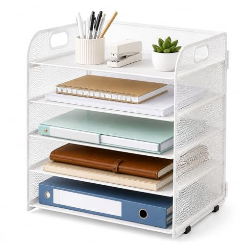GOOGO 5-Tier Desk Organiser Letter Tray, Metal Desk File Organiser 32.8 x 24.9 x 34.5 cm, A4 Paper Sorter and Document Holder for Office, Home Study, School and Reception Desk (White)
