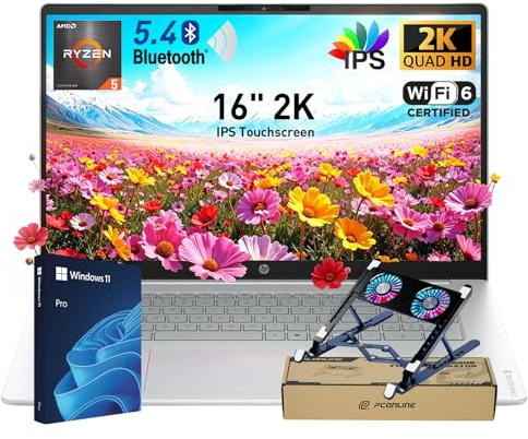 HP 2026 OmniBook 3 16 2K IPS Touchscreen 300 nits Laptop, CPU AMD Ryzen 5 40, 16 GB RAM, 256 GB SSD, riduzione avanzata del rumore AI, chiave Microsoft Copilot, Win11 Pro, con dispositivo di