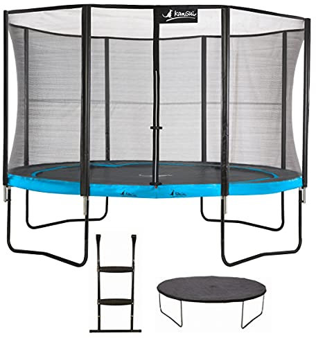 Kangui - Trampoline de jardin PUNCHI ATOLL + échelle et couverture de propreté - Bleu et noir - Ø300cm - 360cm - 430cm