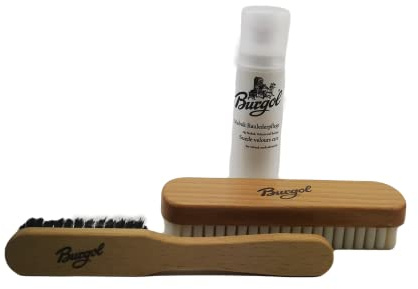 Burgol Schuhputzset für Nubuk und Wildlederpflege Profi Schuhpflegeset für Raulederschuhe mit Bronzedrahtbürste, Lamellenbürste, Nubuk Lederpflege und Baumwollbeutel zur Aufbewahrung