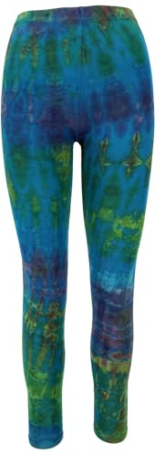GURU SHOP Unikat Batik Damen Leggings, Stretch Hose Für Frauen, Yogahose - Petrol
