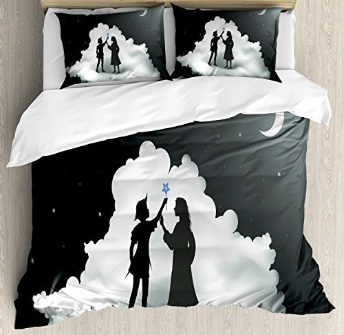 Lunarable Neverland Bettbezug-Set, Queen Size, Peter Pan Story Pan und Wendy stehend auf Wolken, Fee, Mond, Nacht, Kindertraum, dekoratives 3-teiliges Bettwäsche-Set mit 2 Kissenbezügen, Grau / Weiß