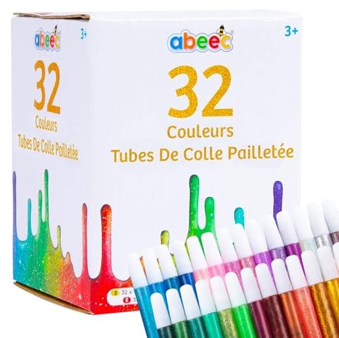 abeec 32 Glitter Glue Pens for Kids - 10ml Coloured Glitter Tubes |Craft Supplies for Children | Arts & Crafts, Card Making, Non-Toxic, Easy to Use