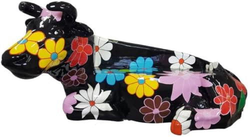 Casa Padrino Designer Sitzbank Kuh mit Blumen Design Schwarz/Mehrfarbig 200 x H. 98 cm - Wetterbeständige Kuh Skulptur Gartenbank - Garten & Terrassen Deko Accessoires