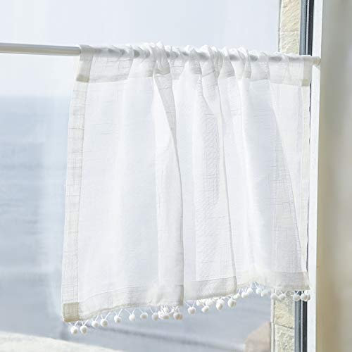 PFLife Bistrogardine Landhausstil Leinen Kurzgardine mit Zierkugeln Gardine Vorhang für Küchen Balkon (Weiss, H/B: 45 x 150 cm)