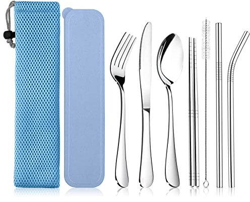 Campingbesteck, Joyfair 9-teiliges Edelstahl Reisebesteck Set, Tragbare Besteck Set mit Messer, Gabel, Löffel, Strohhalme, Essstäbchen, Reinigungsbürste, Tragetasche & Box, Wiederverwendbar- Blau