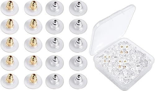 200 Stück Verschlüsse für Ohrringe, Ohrringe, Silikon, Clear Rubber Bullet Clutch Earring Safety Backs (Gold, Silber)