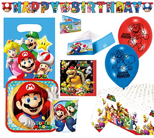 amscan Set 9902642-66 – Kit Super Mario 60 pièces, Vaisselle jetable et décoration pour Anniversaire d'enfant, fête à thème, Multicolore, Unica