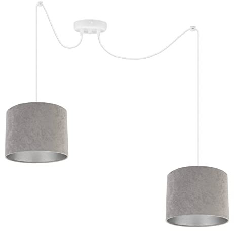 Light-Home Milan Spider Hängelampe - Hängeleuchte in Spinnenform - Deckenlampe – Spinne Lampe mit 2 Kopf - Hängeleuchte aus Metall und Stoff - E27 - Grau und Silber - Weißes Kabel