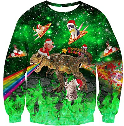 TUONROAD 3D Hässliche Weihnachtspullover Personalisierte Santa Dinosaurier Design Pullover Sweatshirt Langarm Idee Geschenk Ugly Christmas Sweater für Herren XL