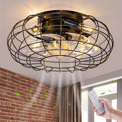 NookNova Ceiling Fan with Lights, 16 Inch Caged Ceiling Fan Lights Remote Control Small Industrial Ceiling Fan Light Fixture Flush Mount Farmhouse Light 8 Speeds Bladeless Lights for Bedroom Kitchen