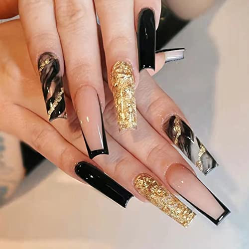 24-PCS French Tip Press on Nails Long Fake Nails Shiny Black Gold Coffin Press on Fake Nails Glossy False Nails Full Cover Acrylic Nails for Women & Girls…
