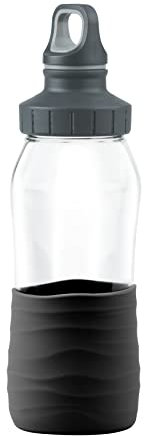 Emsa N31009 Drink2Go Glas Trinkflasche, 0.5 L, Schraubverschluss, 100 Prozent Dicht/Hygienisch/Rein, Silikonmanschette, Schwarz