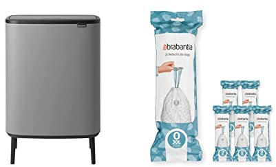 Brabantia Bo Touch Bin Hi - 2 x 30 Litre Inner Buckets (Mineral Concrete Grey) Waste/Recycling Kitchen Bin + O Liners Multipack Box (120 rolls)