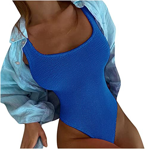Cockjun Damen Falten Tuch Welle Fluoreszierende Farbe Mode Einteiliger Badeanzug Badeanzug Damen Crinkle Wave Fluoreszierend Mode Einteiliger Badeanzug Badeanzug Blau XXL