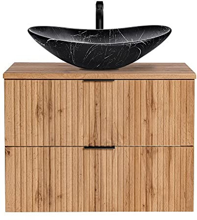 Lomadox Badmöbel Waschtisch mit 80 cm Unterschrank Set, Wotaneiche gerillt, Keramik-Waschbecken schwarz marmoriert, 2 Softclose-Schubkästen, B/H/T 80,6/74,7/46,5 cm
